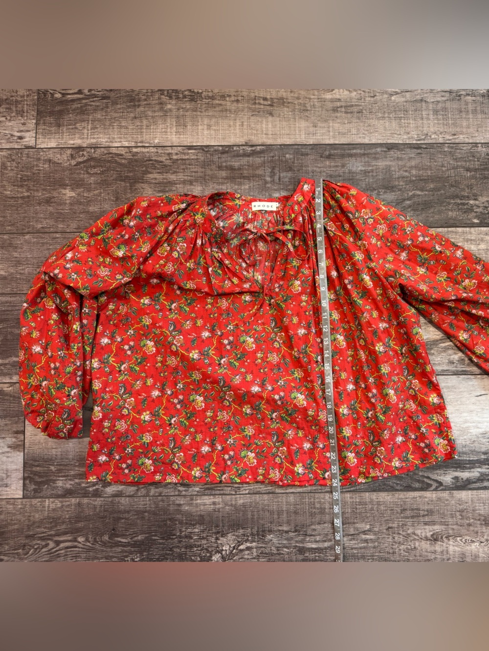 RHODE Red Floral Peasant Blouse with Tie Neck Size M - Picture 6 of 8